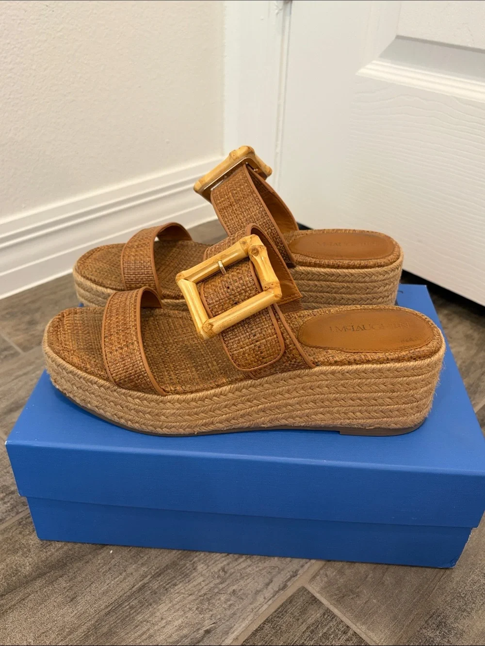 J. McLaughlin Fleur Tan Woven Espadrille Wedge Slides with Buckle